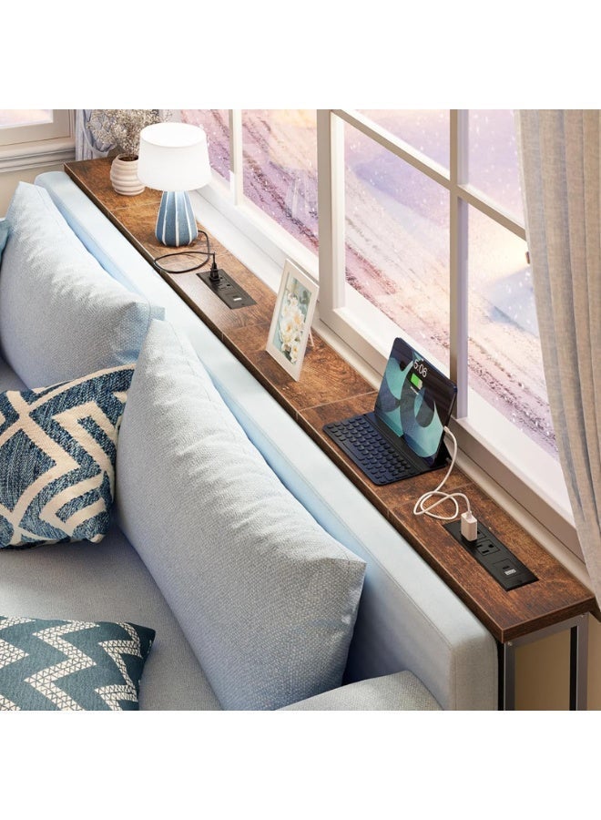 Sharpdo 200CM Narrow Console Table with 2 Outlet, Narrow Table, Sofa Tables, House Entrance Table with Charging Station, for Living Room, Bedroom, Rustic Brown - Image 4